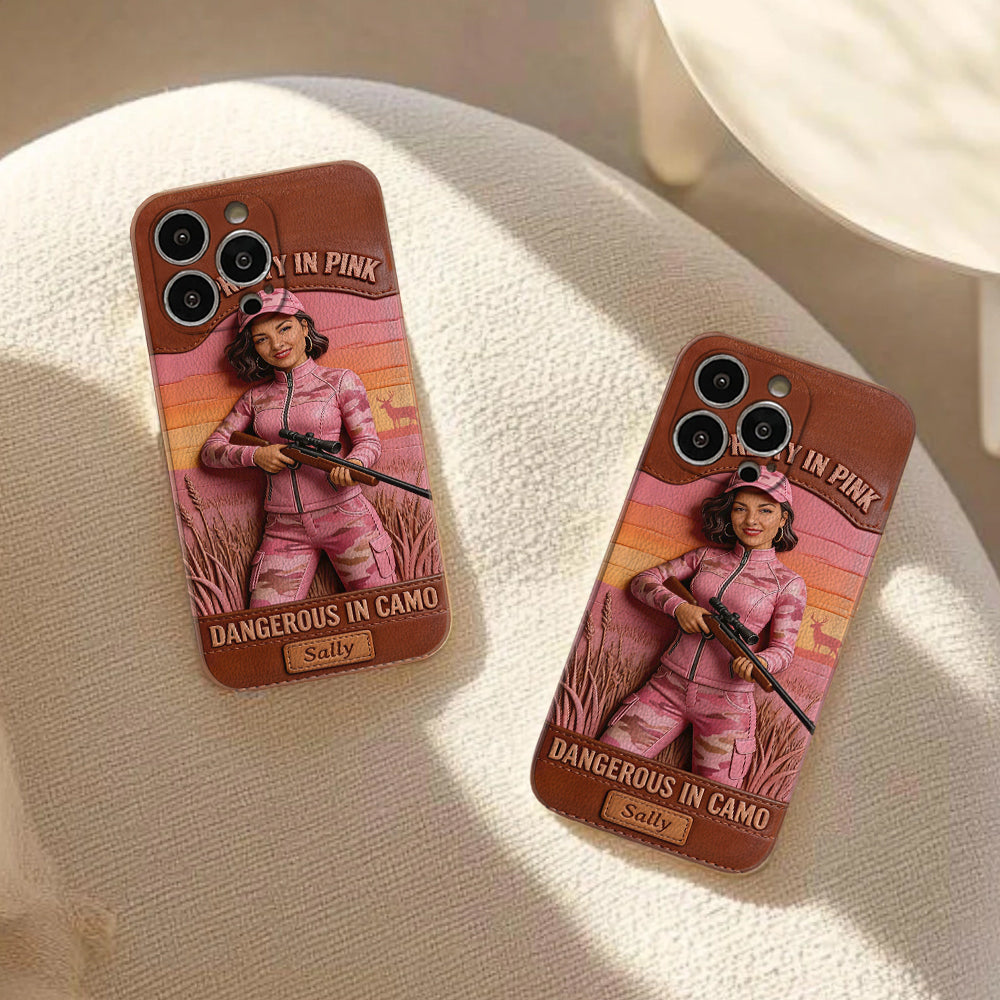 Étui de téléphone en cuir personnalisé avec n'importe quelle photo de chasse dangereuse en camouflage - Étui de téléphone de chasse en cuir personnalisé