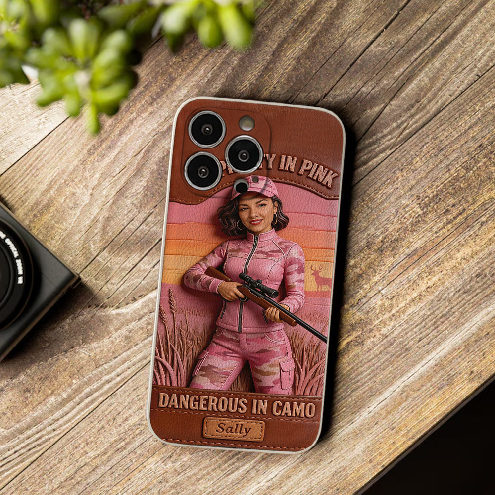 Étui de téléphone en cuir personnalisé avec n'importe quelle photo de chasse dangereuse en camouflage - Étui de téléphone de chasse en cuir personnalisé
