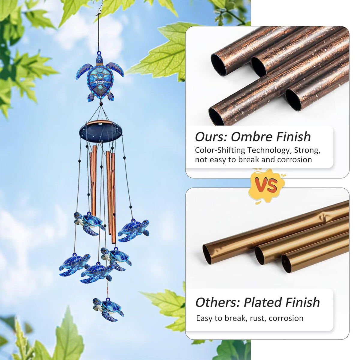 J'adore les tortues marines - Carillon éolien tortue personnalisé avec breloques