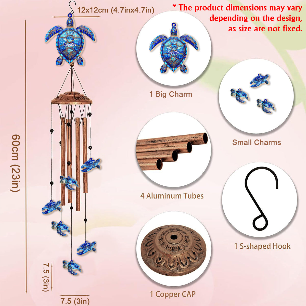 J'adore les tortues marines - Carillon éolien tortue personnalisé avec breloques