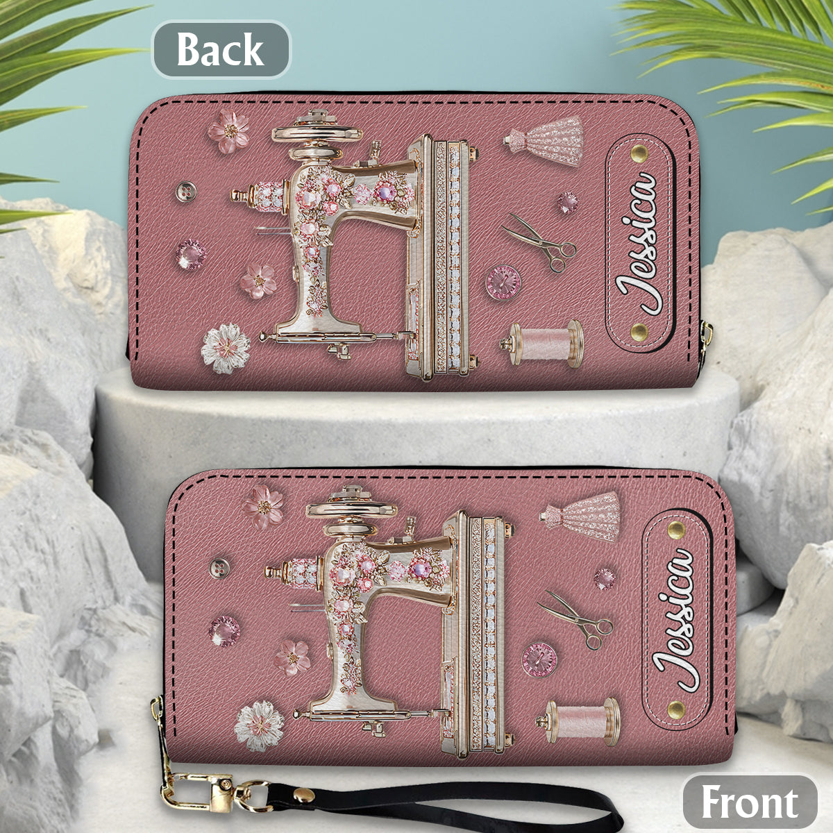 Magnifique machine à coudre - Portefeuille long en cuir personnalisé