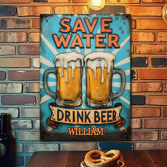 Économisez l'eau, buvez de la bière - Panneau métallique rectangulaire personnalisé « Bière »