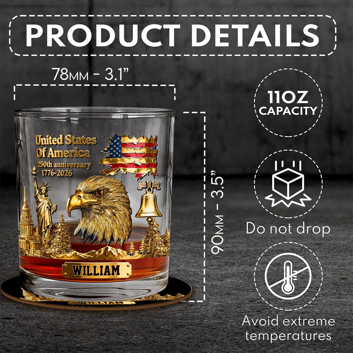 250th Anniversary - Personalized Bald Eagle Whiskey Glass