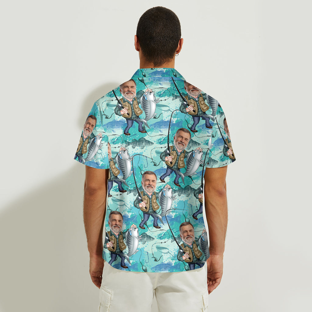 Chemise hawaïenne de pêche personnalisée avec caricature humoristique - T-shirt de pêche personnalisé