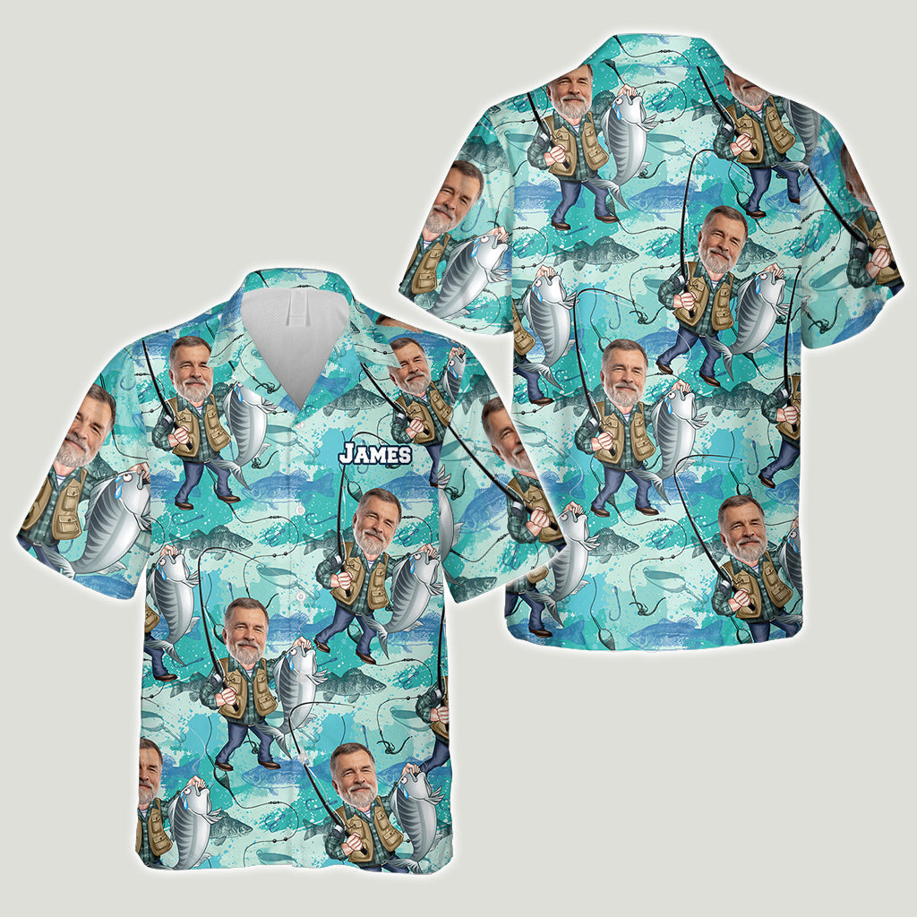 Chemise hawaïenne de pêche personnalisée avec caricature humoristique - T-shirt de pêche personnalisé