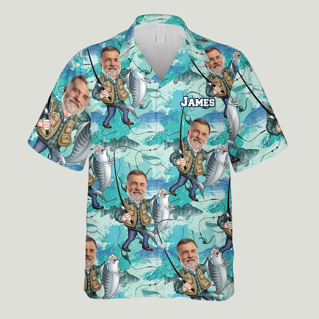 Chemise hawaïenne de pêche personnalisée avec caricature humoristique - T-shirt de pêche personnalisé