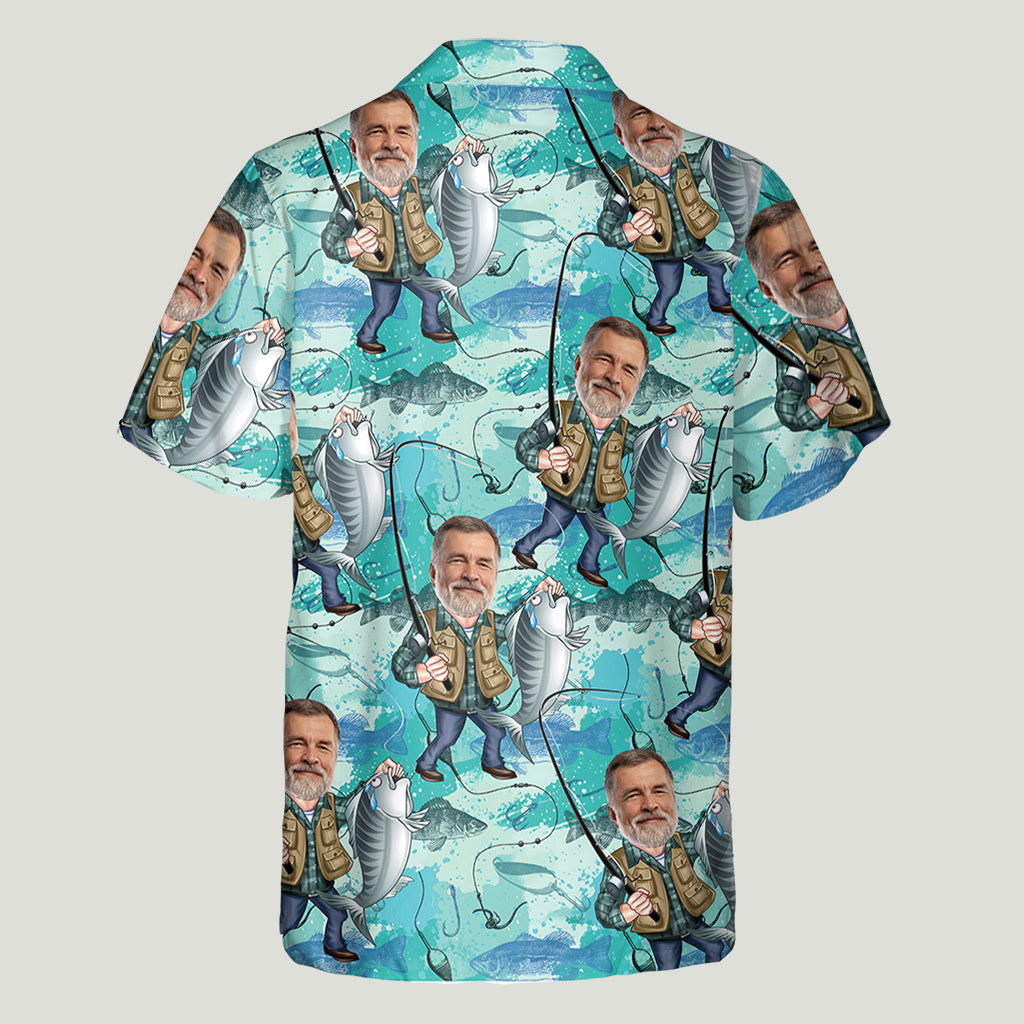 Chemise hawaïenne de pêche personnalisée avec caricature humoristique - T-shirt de pêche personnalisé