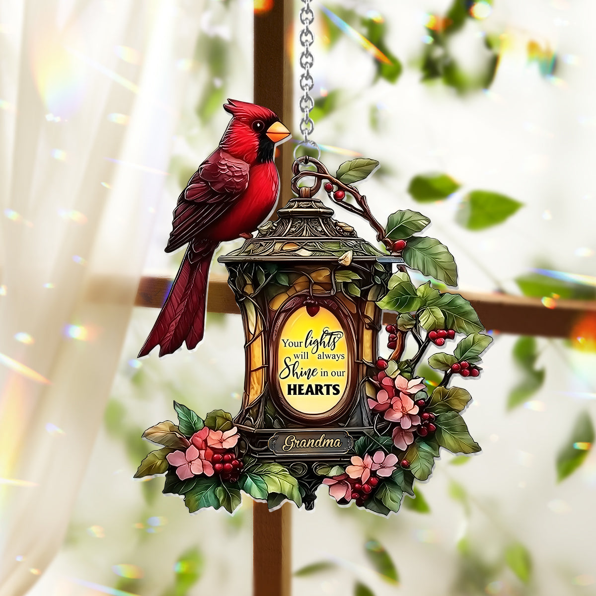 Ta lumière brillera toujours dans nos cœurs - Ornement commémoratif personnalisé à suspendre à la fenêtre, attrape-soleil 