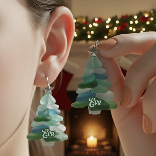 Sapin de Noël en verre de mer - Boucles d'oreilles de Noël personnalisées