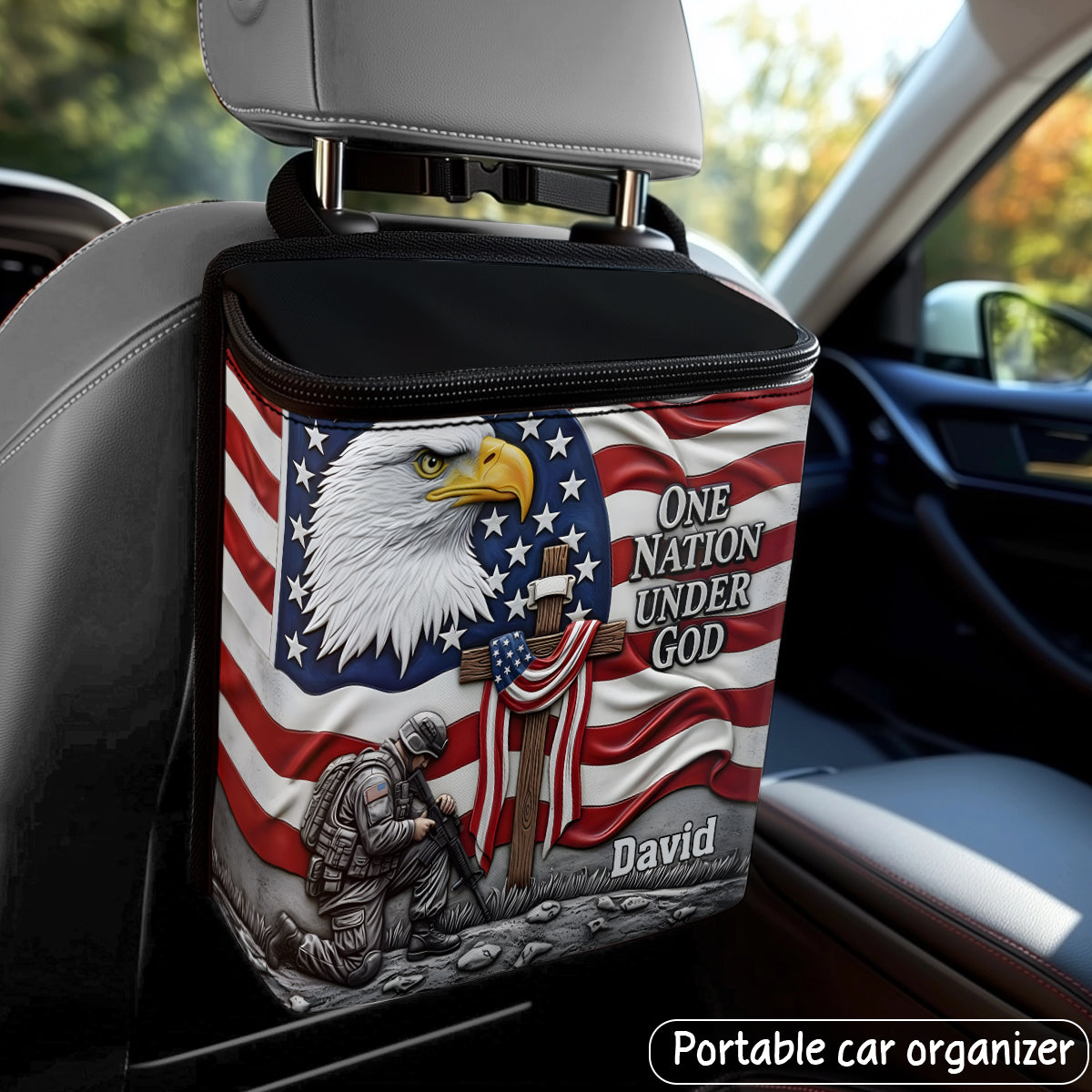 Une nation sous Dieu - Poubelle de voiture portable personnalisée avec aigle à tête blanche / Organisateur
