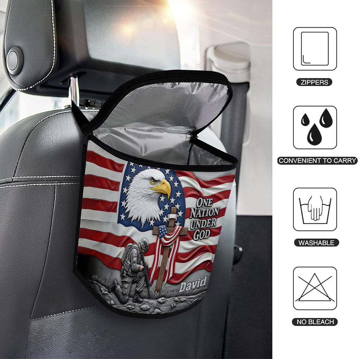 Une nation sous Dieu - Poubelle de voiture portable personnalisée avec aigle à tête blanche / Organisateur