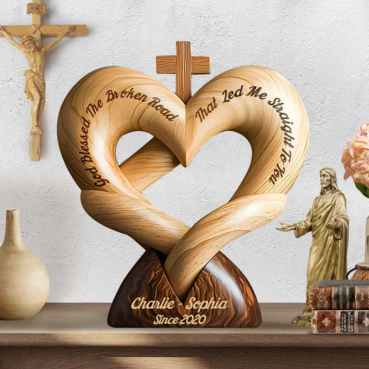 God Bless The Broken Road That Led Me Straight To You - Personalized Couple Custom Shaped Wood Plaque