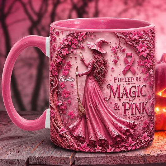 Alimenté par la magie & le rose - Tasse et sous-verre personnalisés pour sensibilisation au cancer du sein