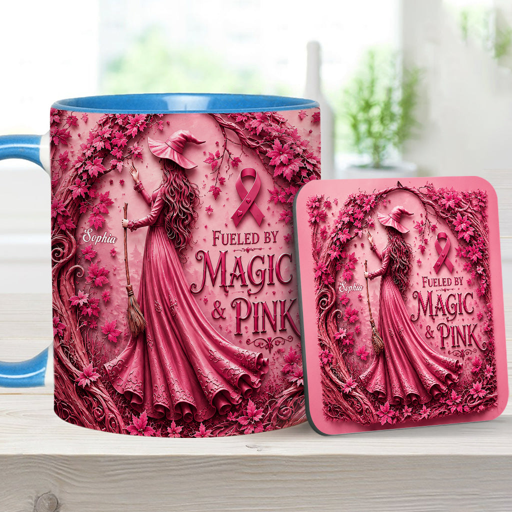 Alimenté par la magie & le rose - Tasse et sous-verre personnalisés pour sensibilisation au cancer du sein
