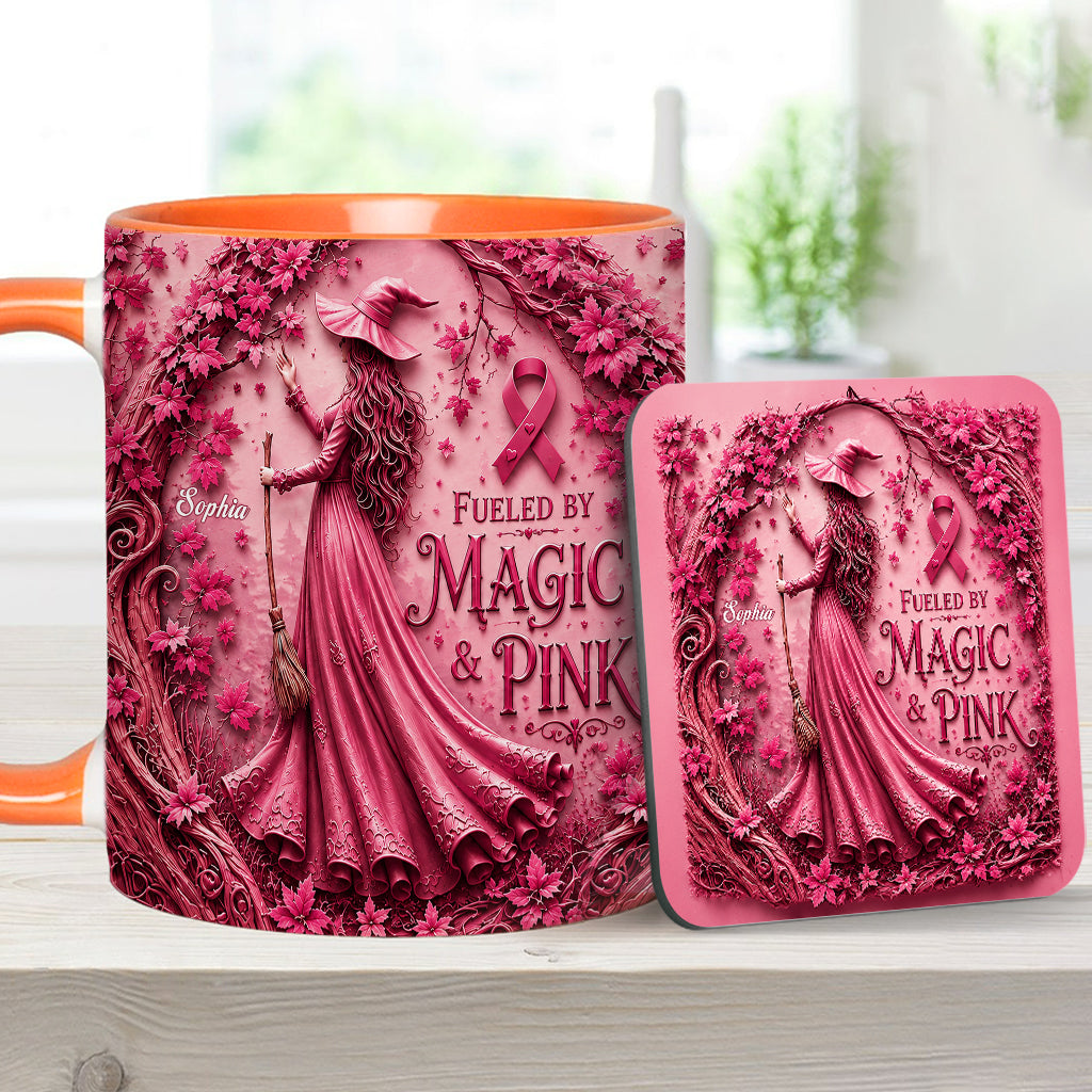 Alimenté par la magie & le rose - Tasse et sous-verre personnalisés pour sensibilisation au cancer du sein