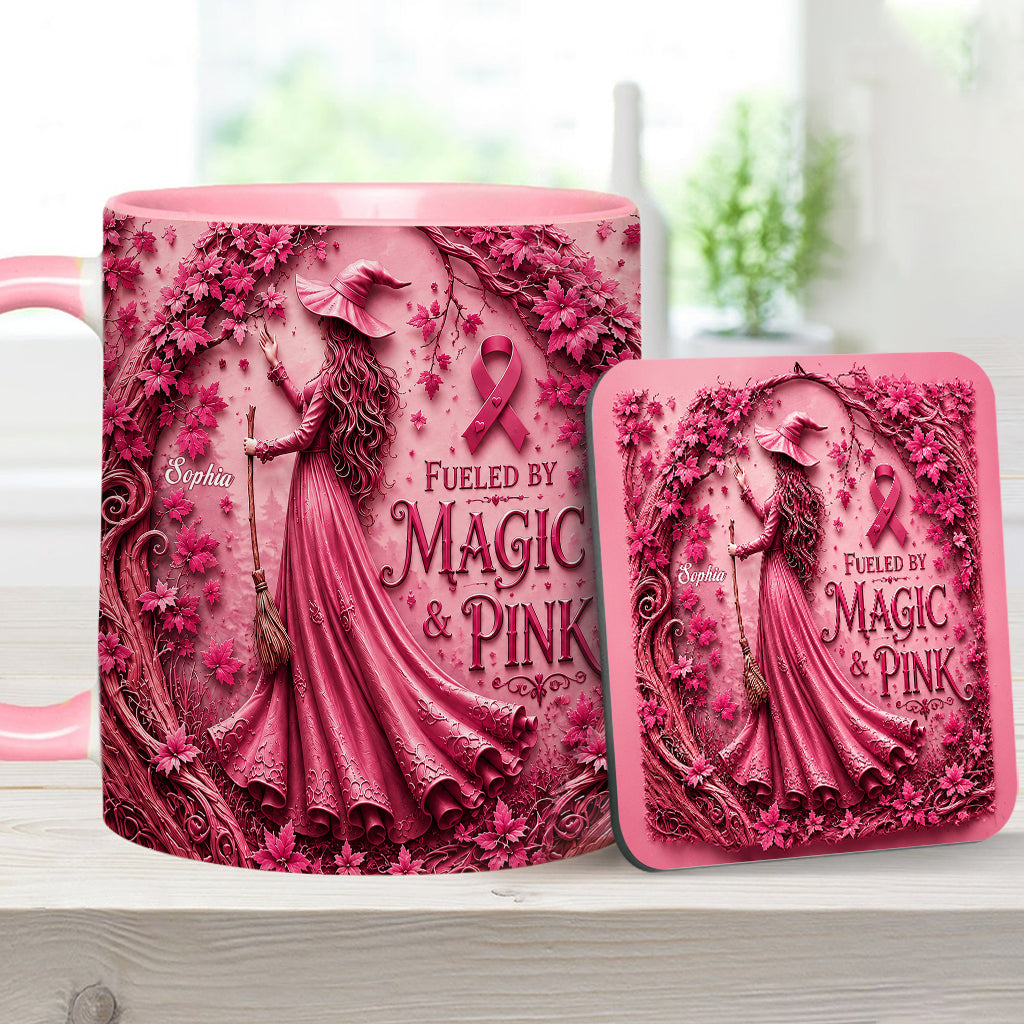 Alimenté par la magie & le rose - Tasse et sous-verre personnalisés pour sensibilisation au cancer du sein