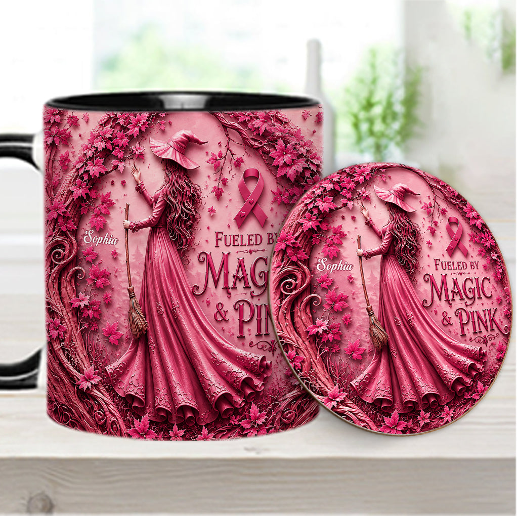 Alimenté par la magie & le rose - Tasse et sous-verre personnalisés pour sensibilisation au cancer du sein