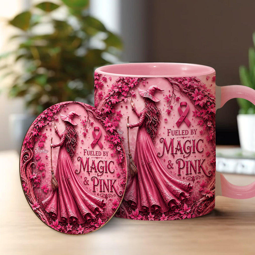 Alimenté par la magie & le rose - Tasse et sous-verre personnalisés pour sensibilisation au cancer du sein