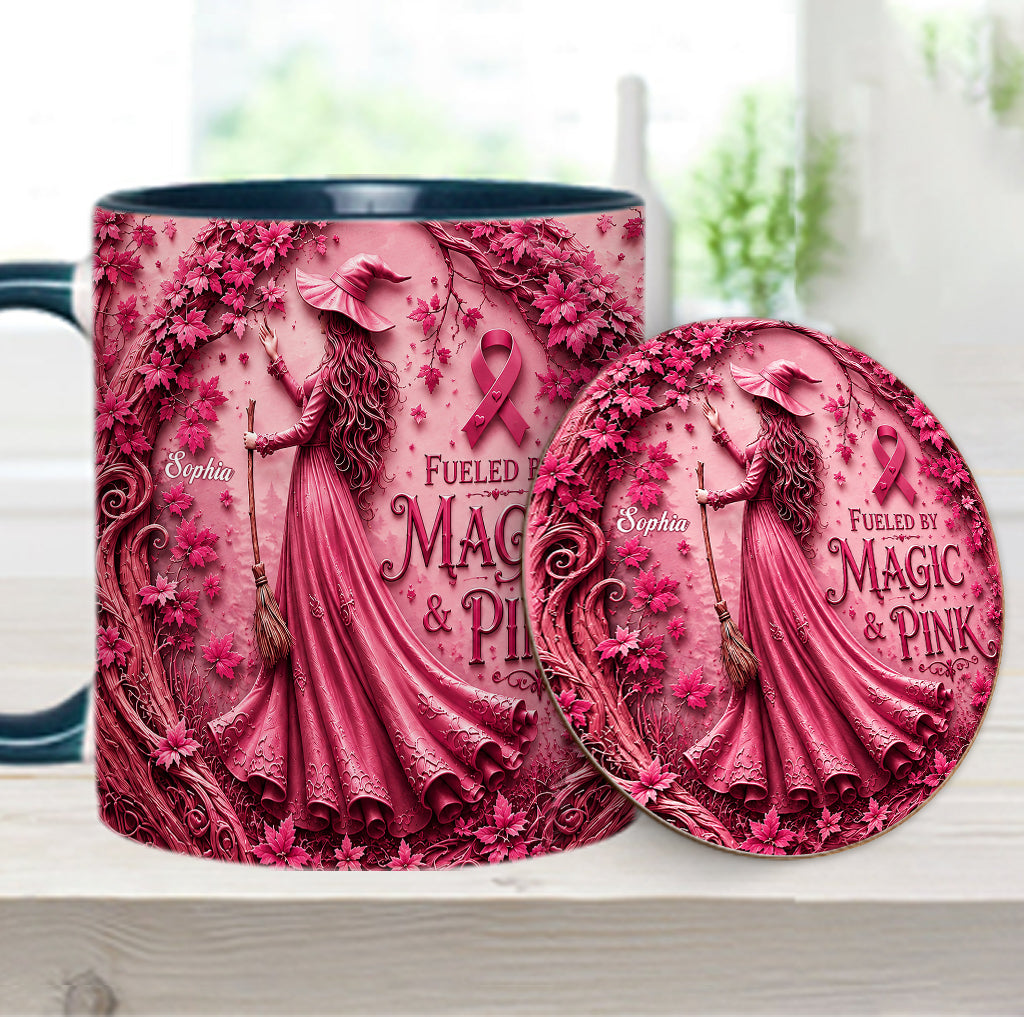 Alimenté par la magie & le rose - Tasse et sous-verre personnalisés pour sensibilisation au cancer du sein
