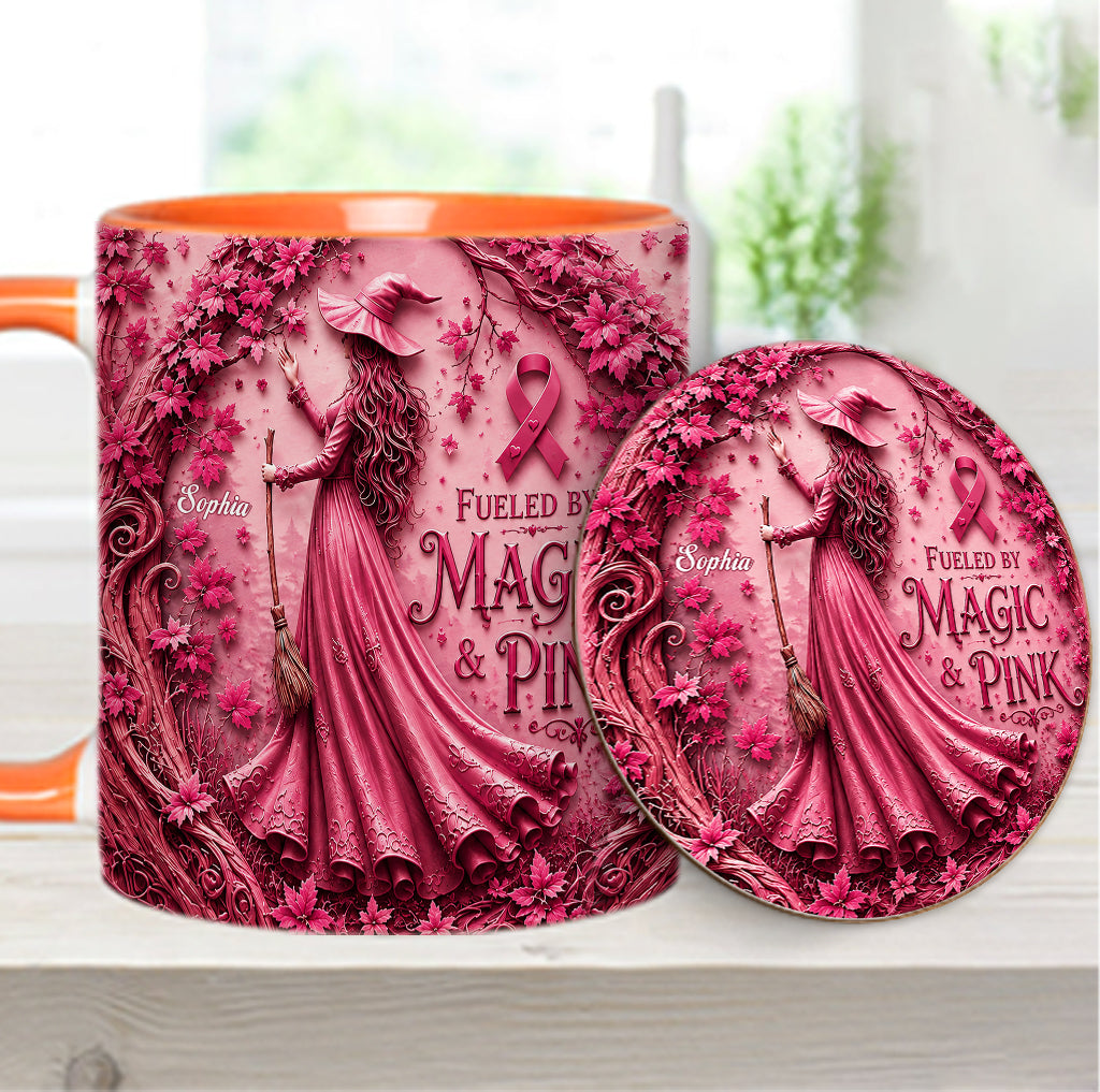 Alimenté par la magie & le rose - Tasse et sous-verre personnalisés pour sensibilisation au cancer du sein