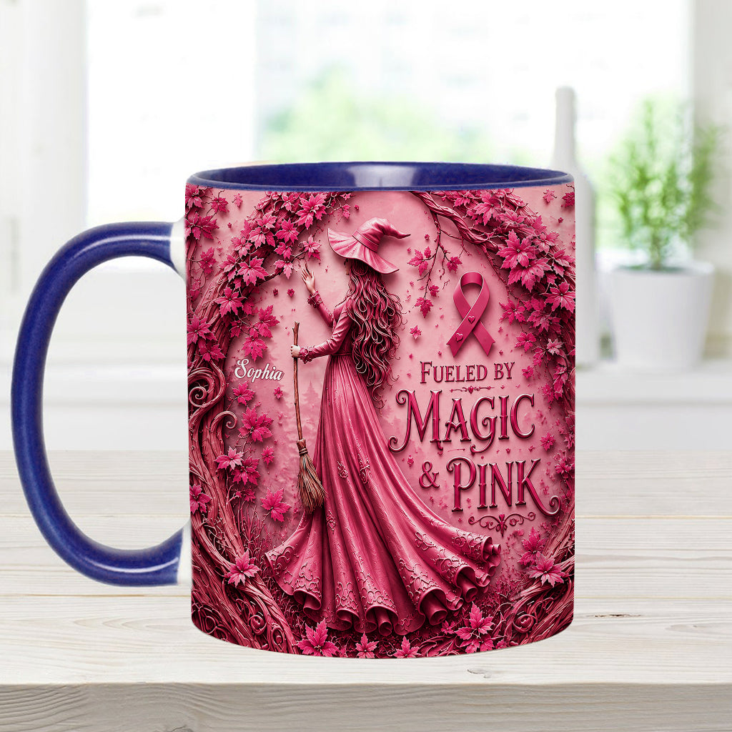 Alimenté par la magie & le rose - Tasse et sous-verre personnalisés pour sensibilisation au cancer du sein