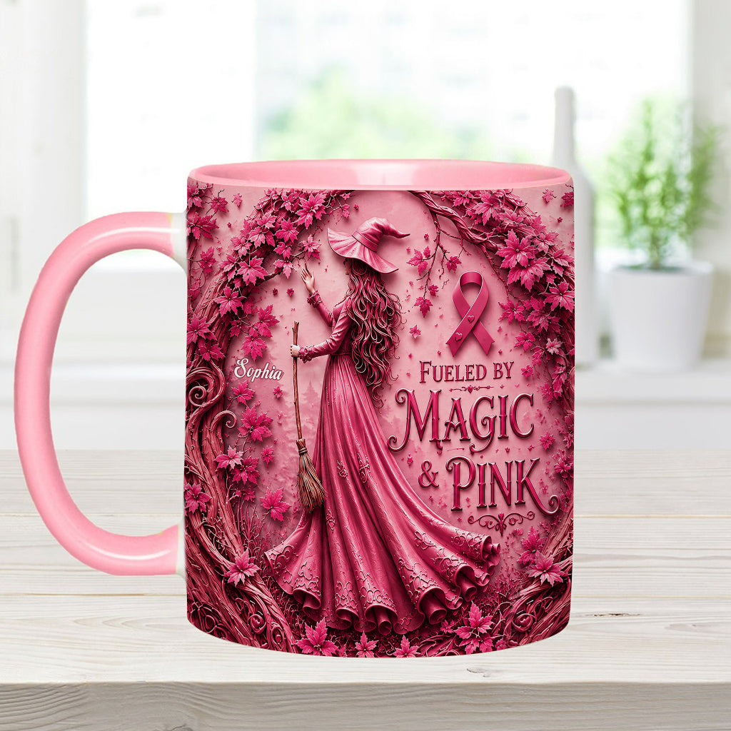 Alimenté par la magie & le rose - Tasse et sous-verre personnalisés pour sensibilisation au cancer du sein