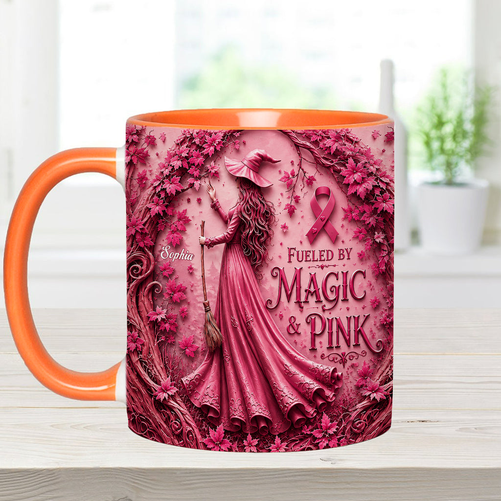 Alimenté par la magie & le rose - Tasse et sous-verre personnalisés pour sensibilisation au cancer du sein