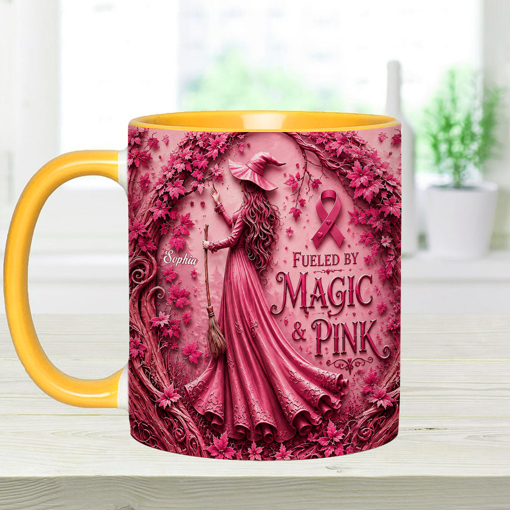 Alimenté par la magie & le rose - Tasse et sous-verre personnalisés pour sensibilisation au cancer du sein