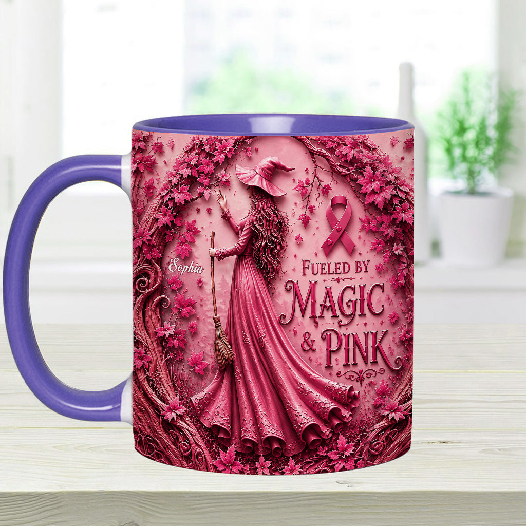 Alimenté par la magie & le rose - Tasse et sous-verre personnalisés pour sensibilisation au cancer du sein