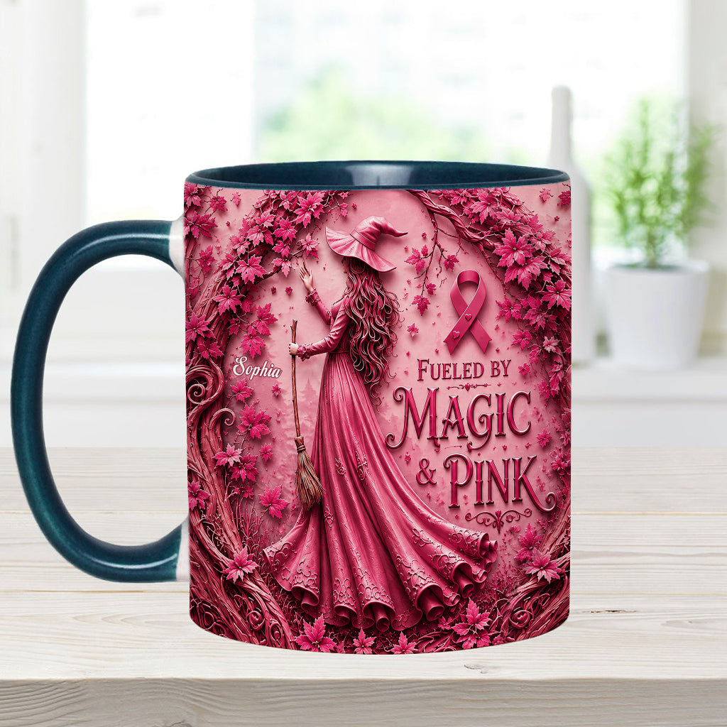 Alimenté par la magie & le rose - Tasse et sous-verre personnalisés pour sensibilisation au cancer du sein