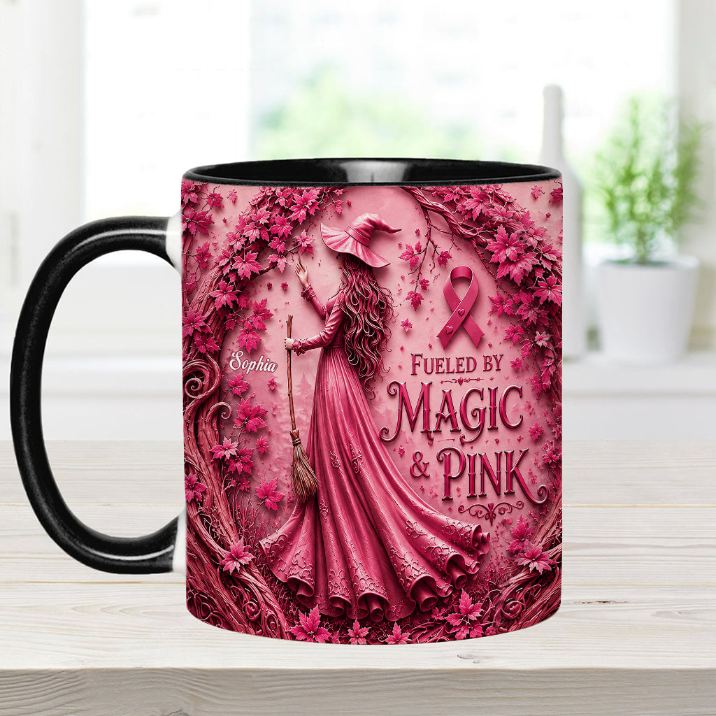 Alimenté par la magie & le rose - Tasse et sous-verre personnalisés pour sensibilisation au cancer du sein