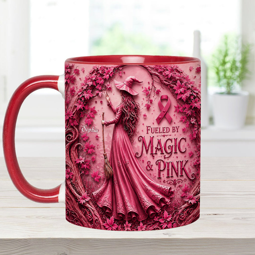 Alimenté par la magie & le rose - Tasse et sous-verre personnalisés pour sensibilisation au cancer du sein