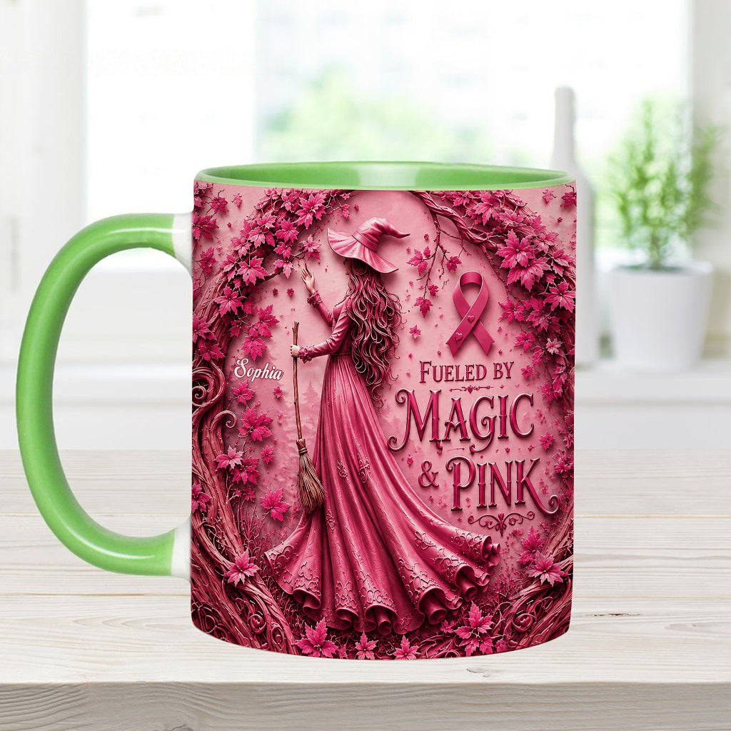 Alimenté par la magie & le rose - Tasse et sous-verre personnalisés pour sensibilisation au cancer du sein