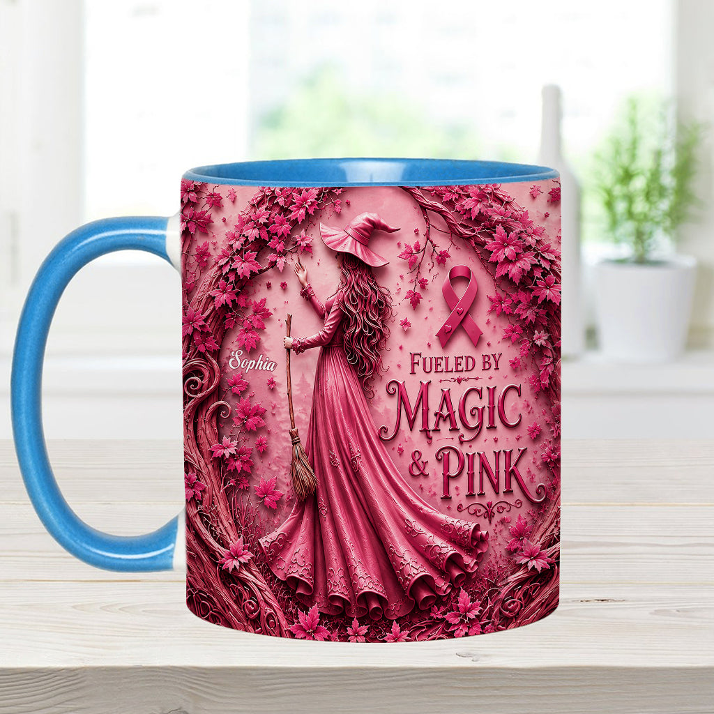 Alimenté par la magie & le rose - Tasse et sous-verre personnalisés pour sensibilisation au cancer du sein