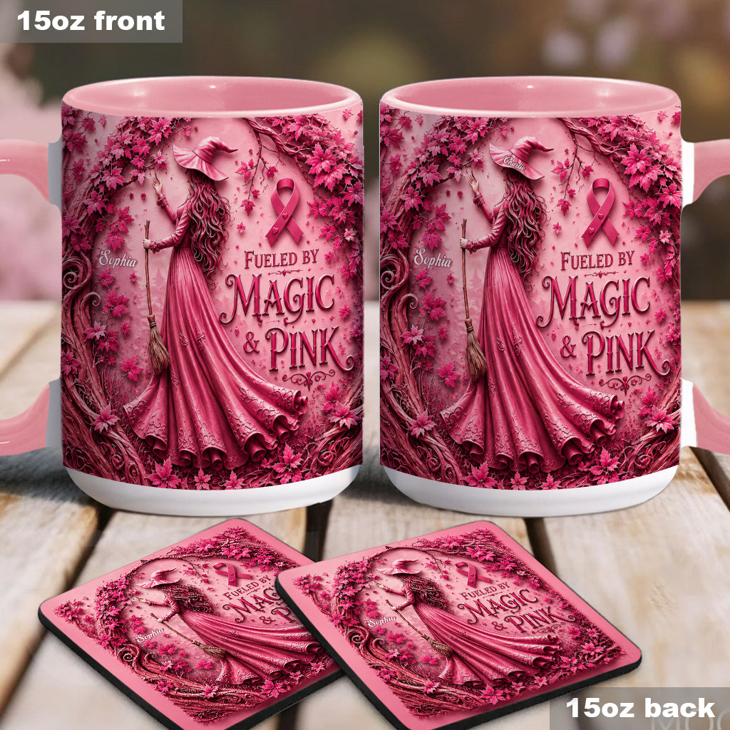 Alimenté par la magie & le rose - Tasse et sous-verre personnalisés pour sensibilisation au cancer du sein
