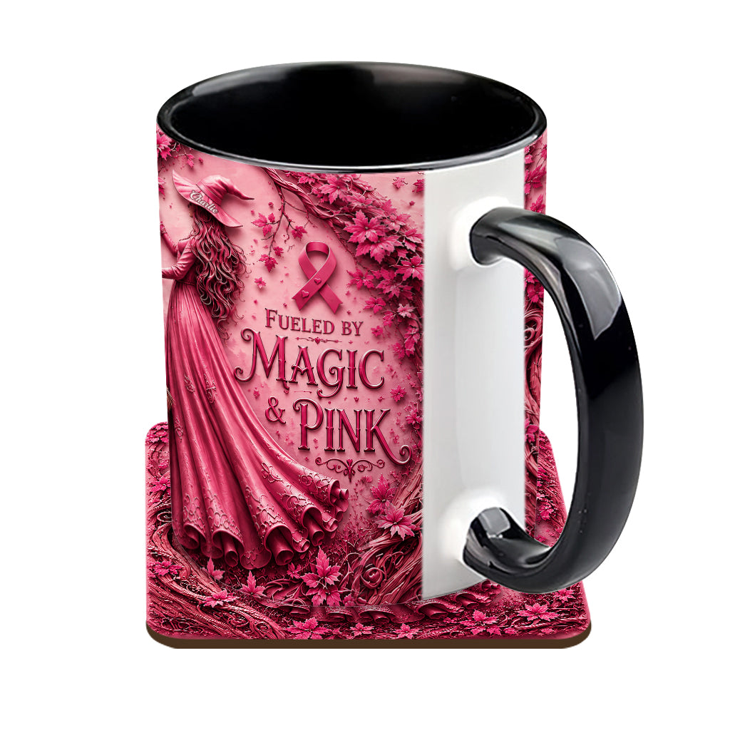 Alimenté par la magie & le rose - Tasse et sous-verre personnalisés pour sensibilisation au cancer du sein