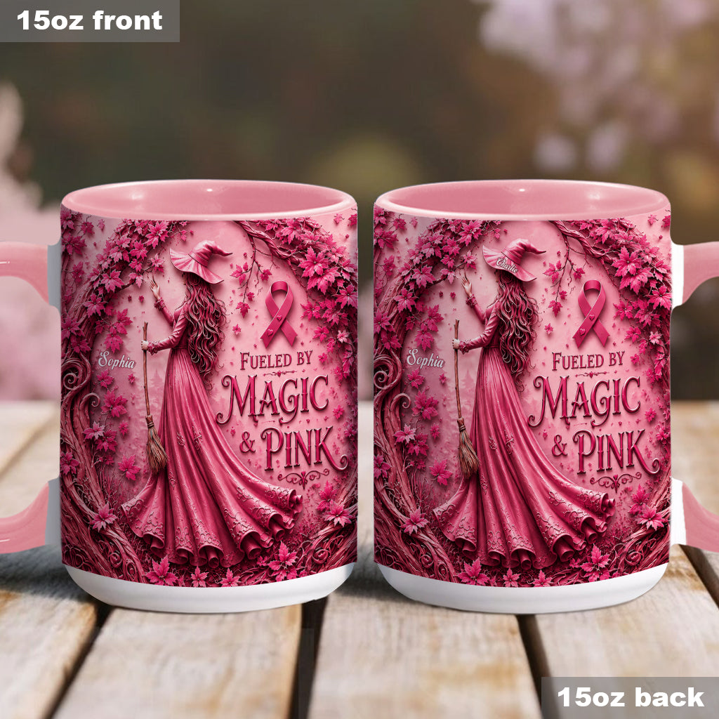 Alimenté par la magie & le rose - Tasse et sous-verre personnalisés pour sensibilisation au cancer du sein