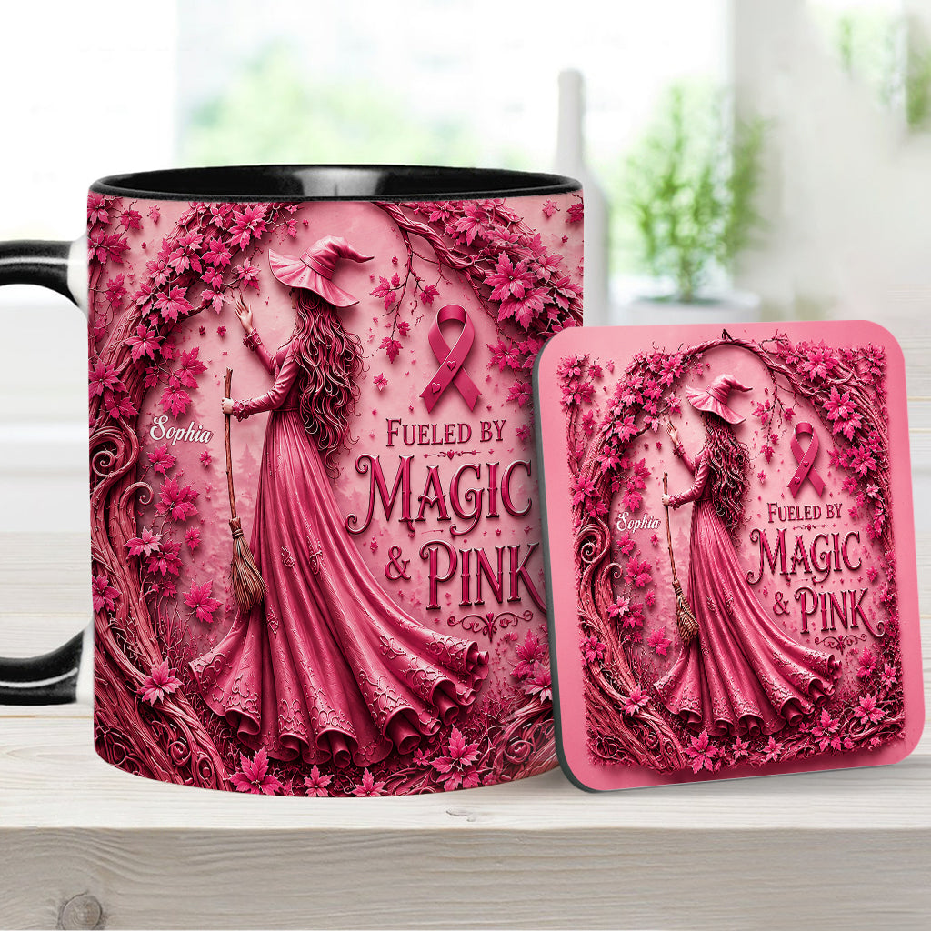 Alimenté par la magie & le rose - Tasse et sous-verre personnalisés pour sensibilisation au cancer du sein