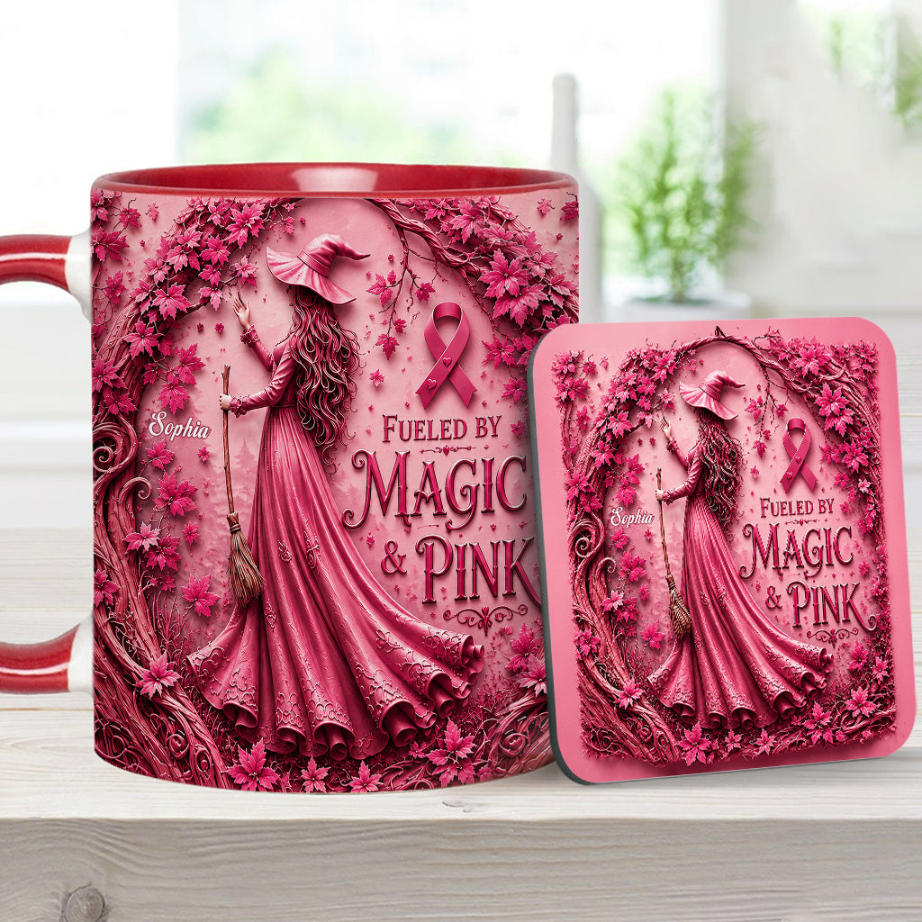 Alimenté par la magie & le rose - Tasse et sous-verre personnalisés pour sensibilisation au cancer du sein
