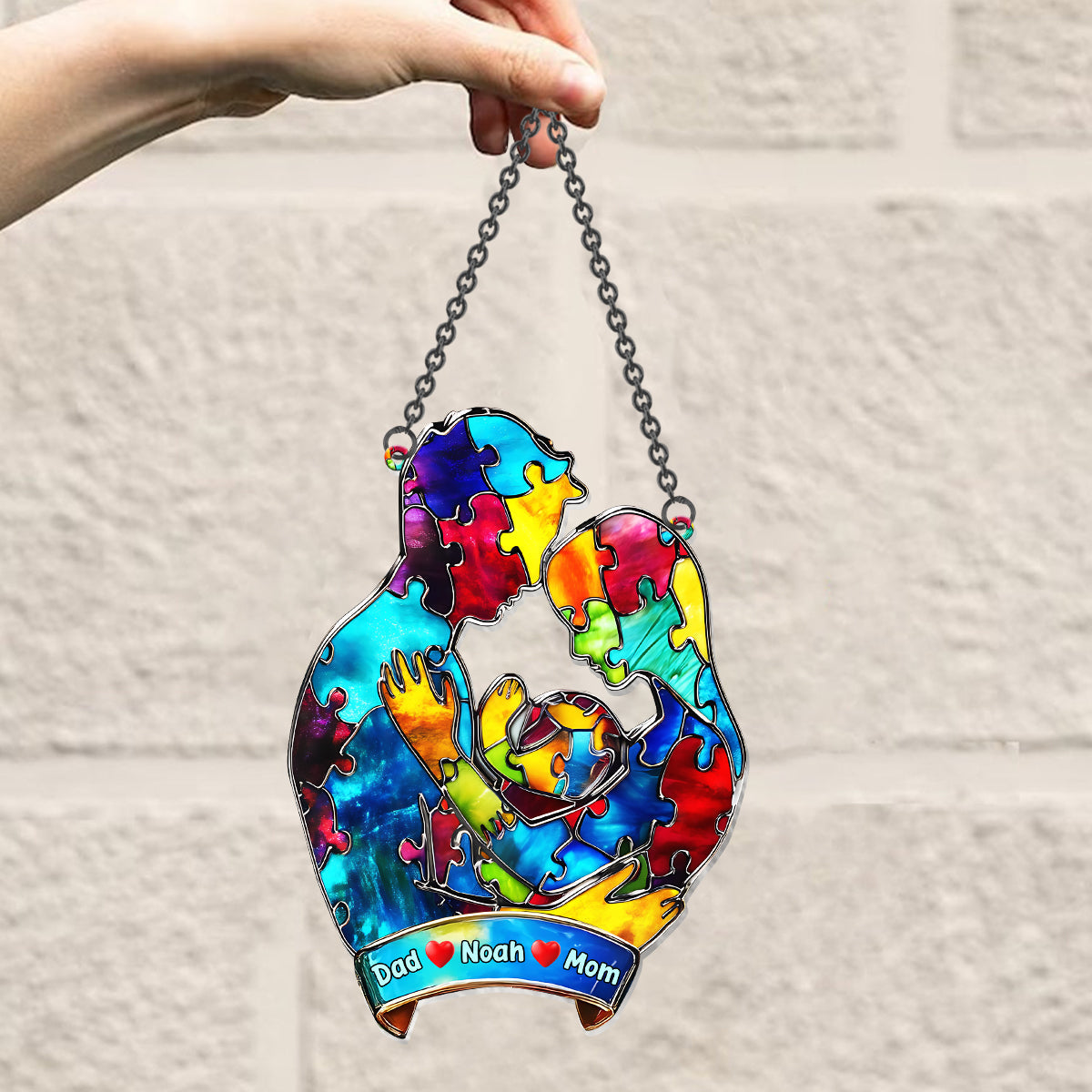 Câlin familial pour les personnes autistes - Attrape-soleil personnalisé à suspendre à la fenêtre pour sensibiliser à l'autisme 