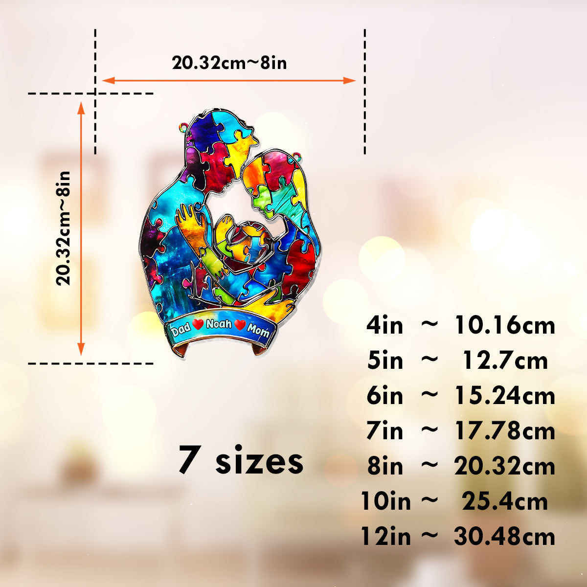 Câlin familial pour les personnes autistes - Attrape-soleil personnalisé à suspendre à la fenêtre pour sensibiliser à l'autisme 