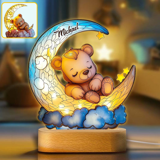 Ours mignon sur croissant de lune - Plaque lumineuse personnalisée en forme d'enfant
