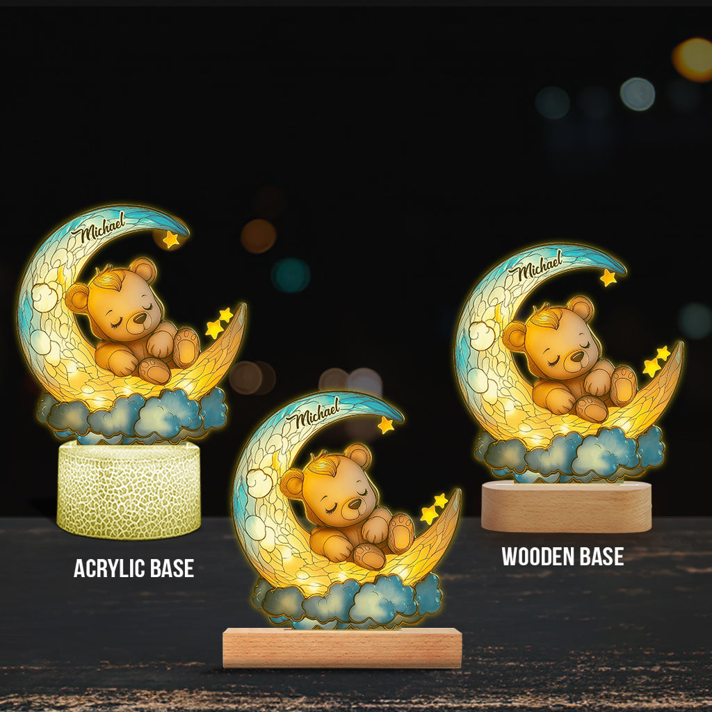 Cute Bear On Crescent Moon - Personalized Kid Shaped Plaque Light Base