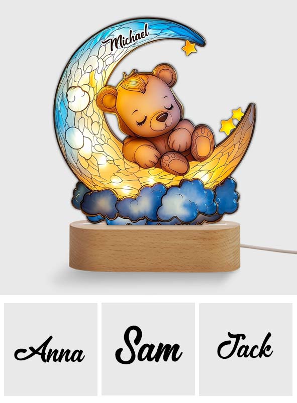 Cute Bear On Crescent Moon - Personalized Kid Shaped Plaque Light Base