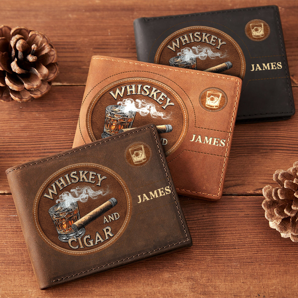 Whiskey And Cigar - Personalized Whisky Leather Wallet