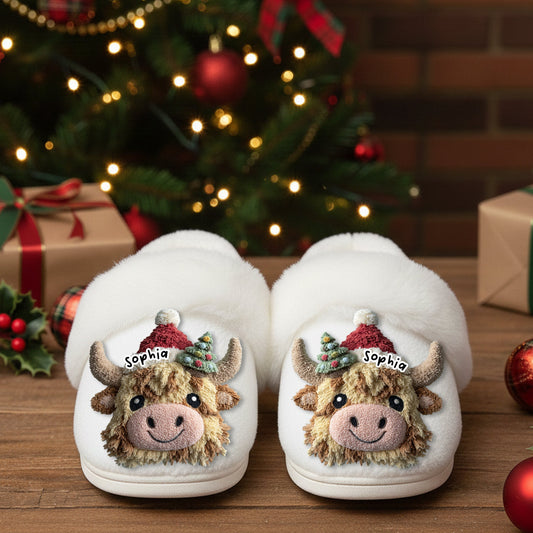 Pantoufles Highland Cow mignonnes et personnalisées avec doublure en fourrure