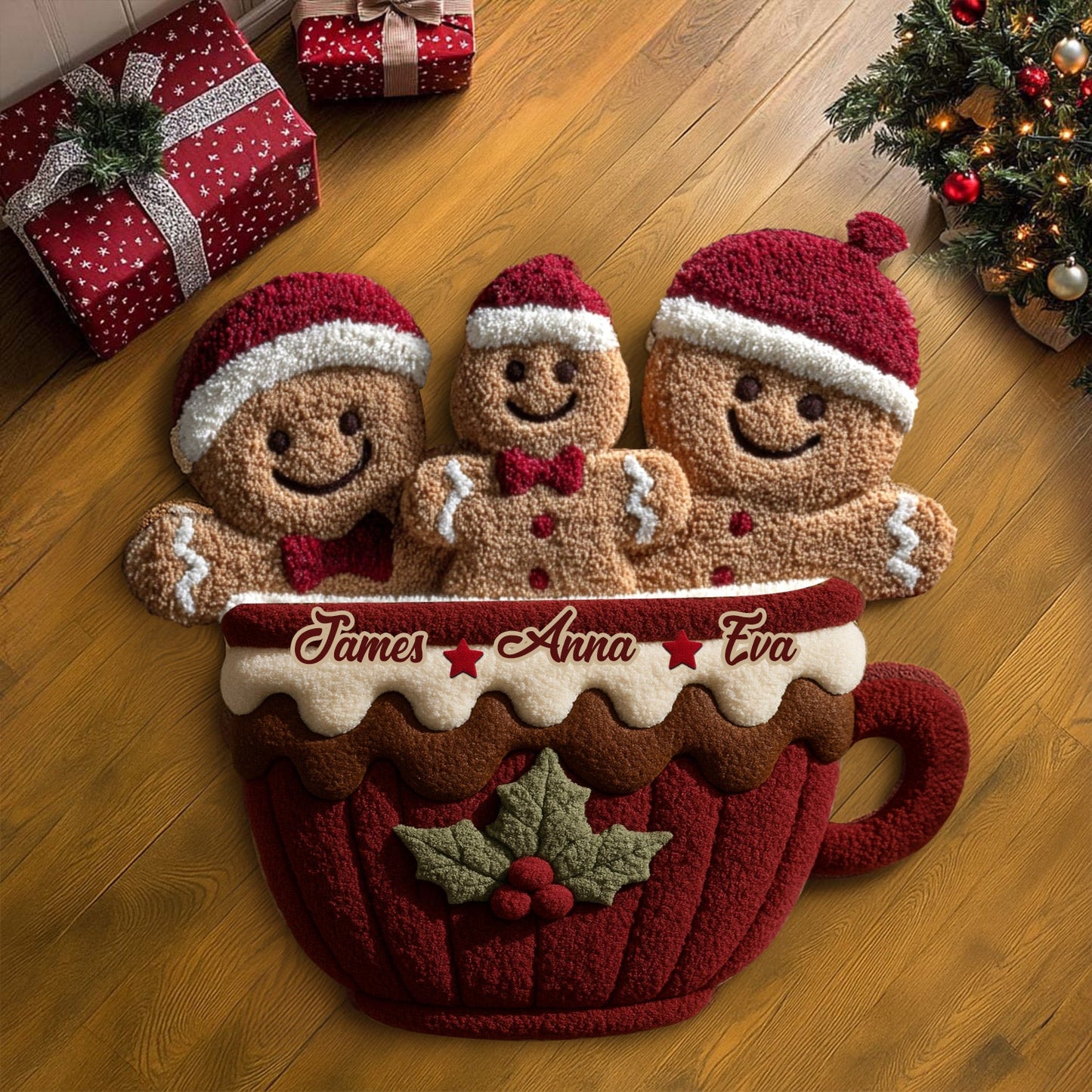 Famille de pain d'épice de Noël - Tapis de Noël antidérapant personnalisé pour toute la famille