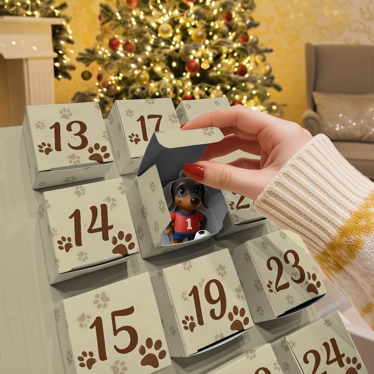 Calendrier de l'Avent pliable personnalisé « J'adore les teckels » avec décorations