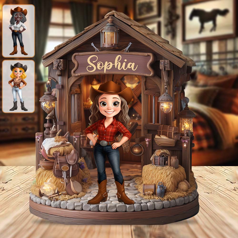La grange de la cowgirl - Plaque en bois personnalisée en forme de cowgirl