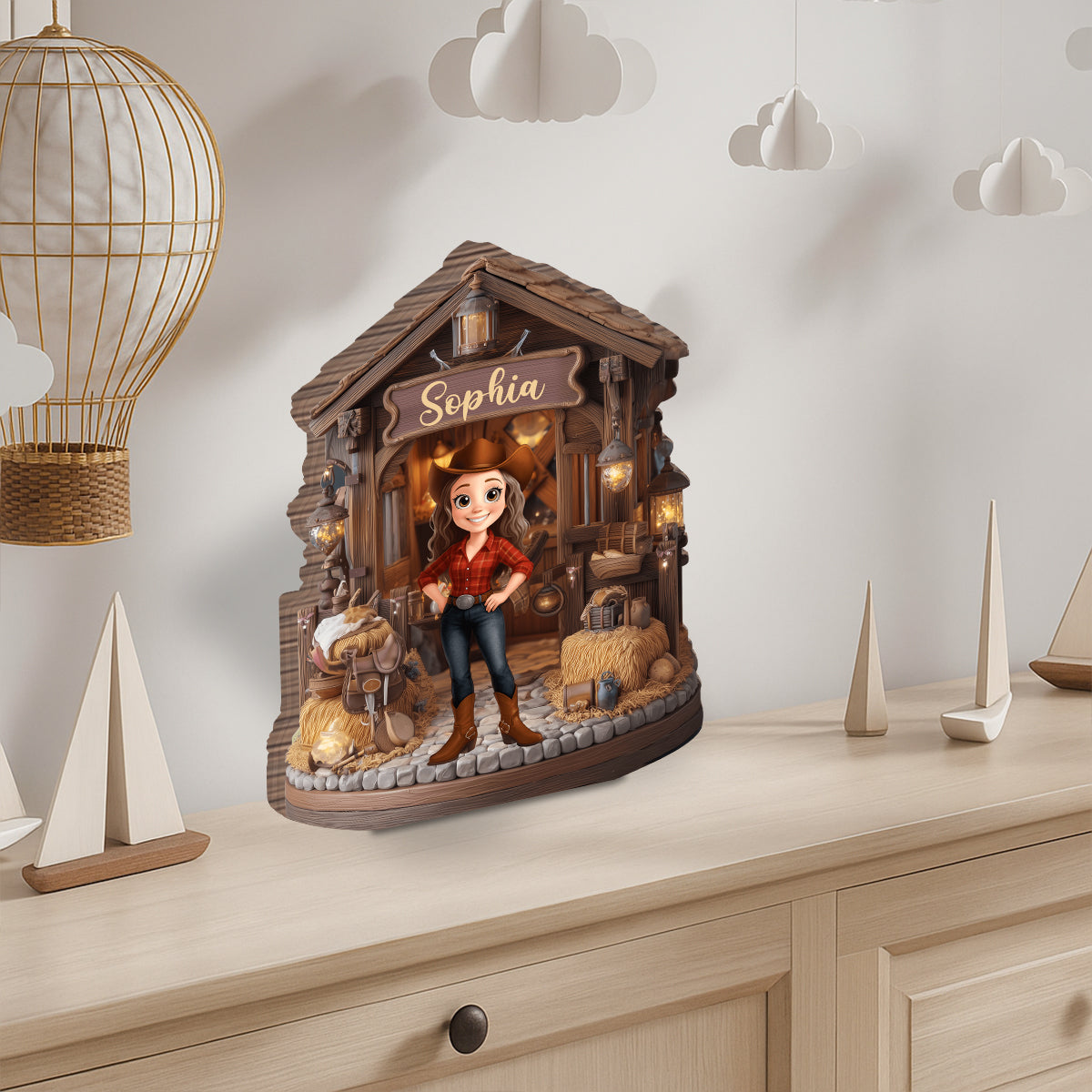 La grange de la cowgirl - Plaque en bois personnalisée en forme de cowgirl